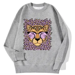 Womens Casual Loose Fleece-Backed Sweatshirt With Leopard Print - Leopard - View 1