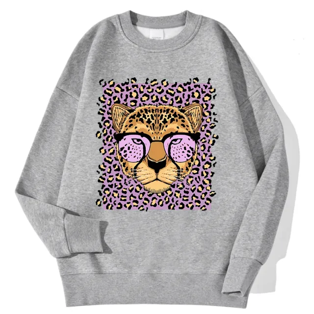 Womens Casual Loose Fleece Backed Sweatshirt With Leopard Print Leopard - Shop at LoveMi