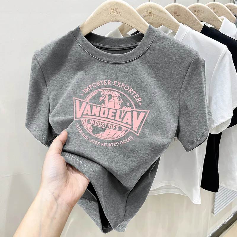 Retro Slim-fit Crop-top Women's Short-sleeved T-shirt - Flower Gray