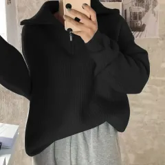 Women's Solid Colour Loose Zipper Lapel Stand Up Sweater - Black - View 1