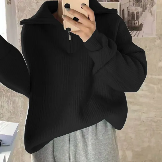 Women's Solid Color Loose Zipper Lapel Stand Up Sweater Black - Shop at LoveMi
