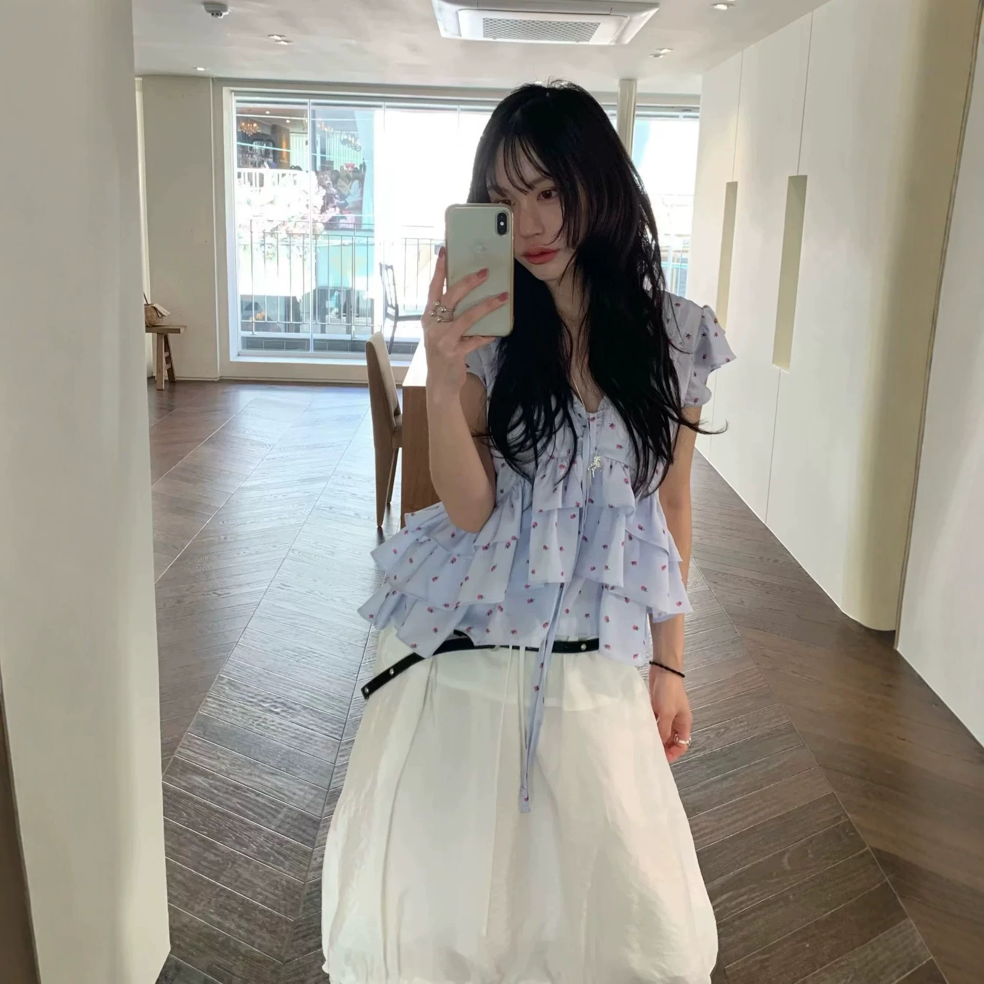 Pleated Floral-print Ruffled Blouse Vest With Ribbons