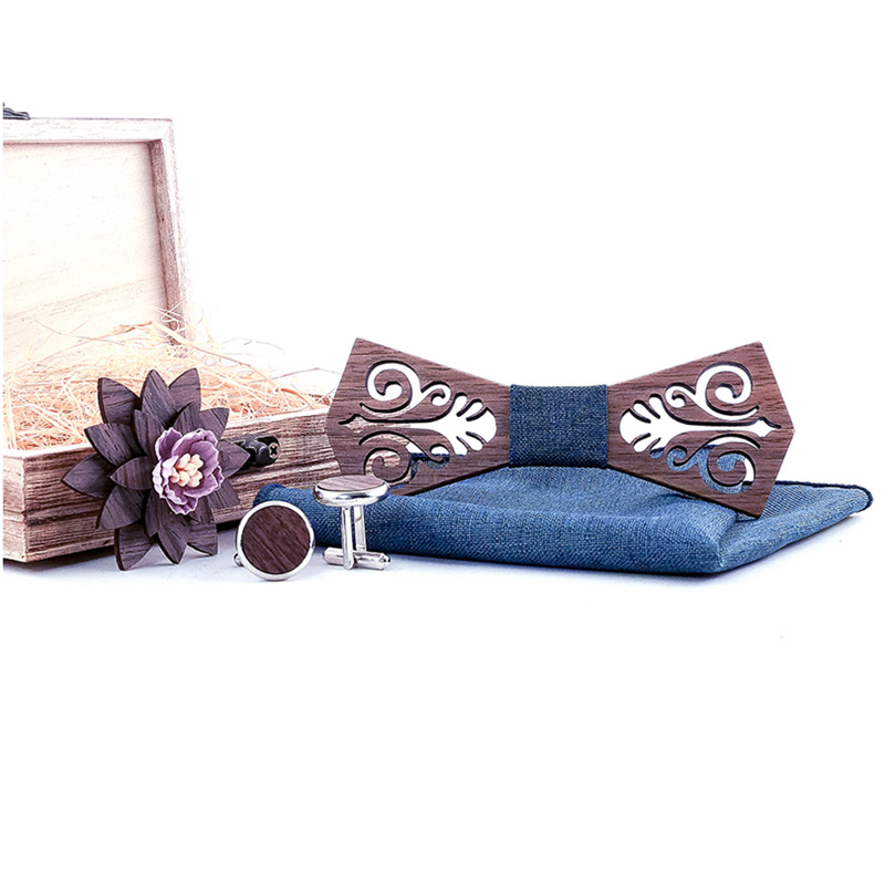 Pointed Hollow Carved Solid Wood Bow Tie Wooden Box Suit