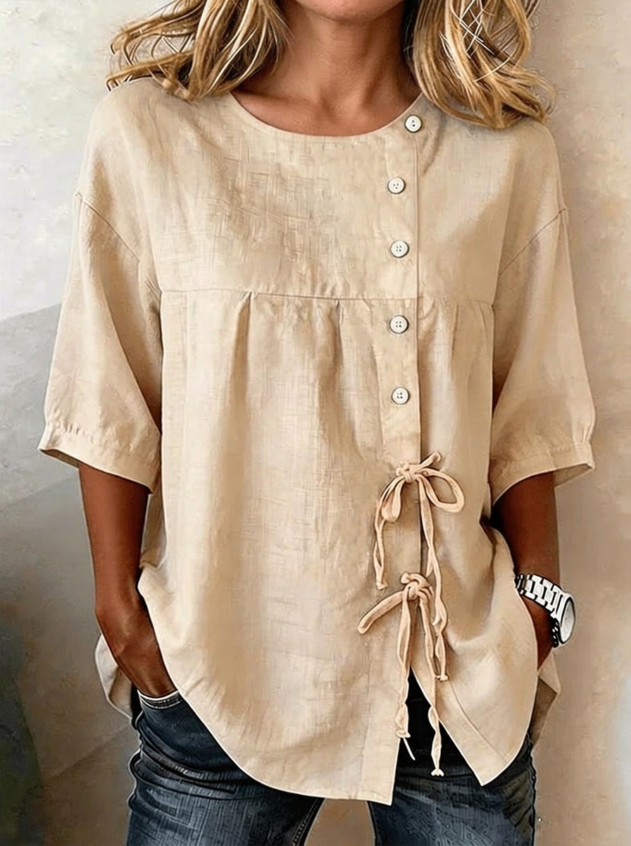 Women's linen lace-up shirt – khaki colorway asymmetric detail