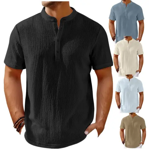 Men's Retro Cotton and Linen Stripes Henley Shirt Casual