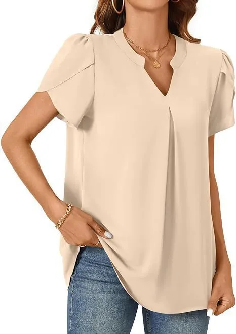 Women's Simple Fashion Loose V neck Petal Sleeve Short Sleeve Shirt Apricot - Shop at LoveMi