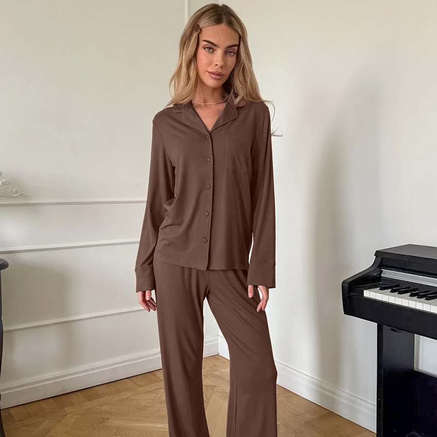 Knitted Pajama Set Long-sleeve Top And Long Pants In Brown Perfect For Fall And Winter