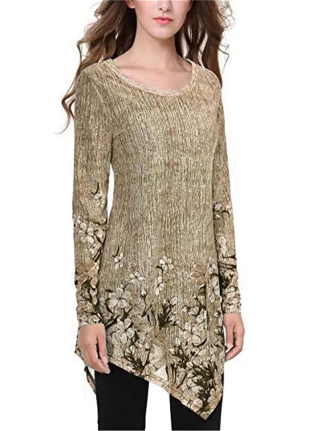 Printed Round Neck Long Sleeve T shirt Khaki - Shop at LoveMi