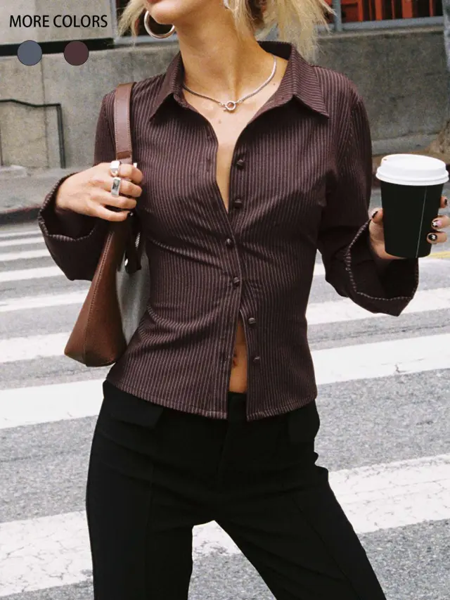 Lapel Breasted Cardigan Long Sleeve Shirt Slim Striped Top Brown - Shop at LoveMi