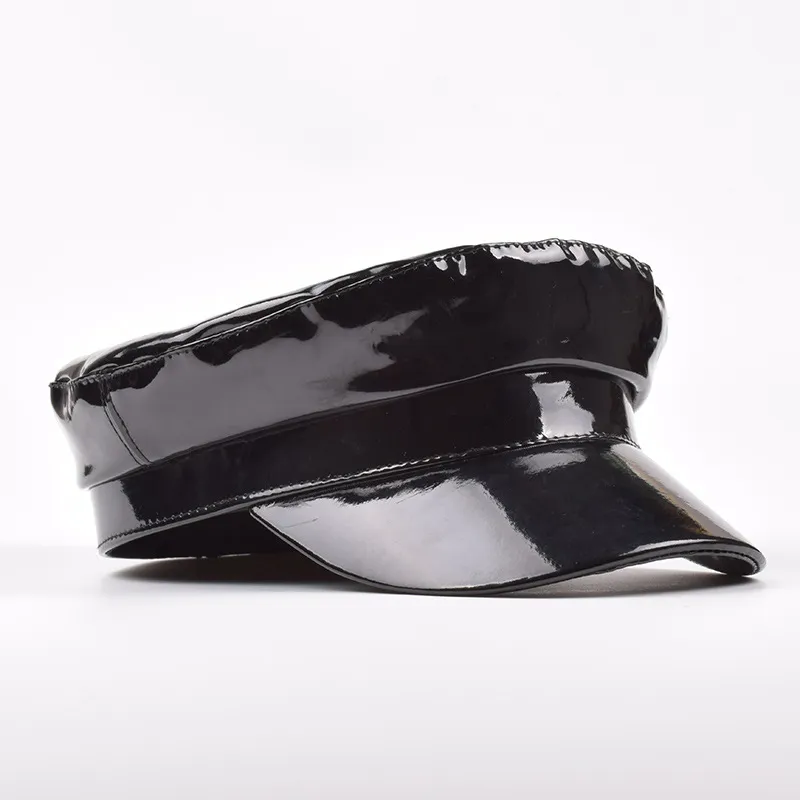 Solid Color Patent Leather Flat Top Navy Hat - Black