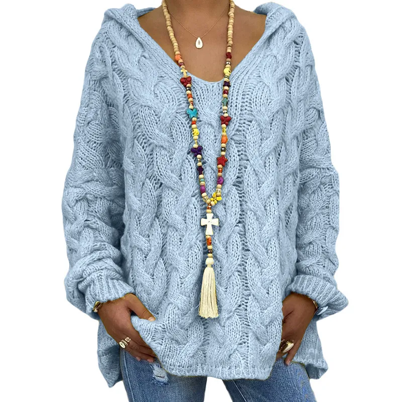 Solid Colour Twist Knitted Hoodie Sweater For Women - Blue
