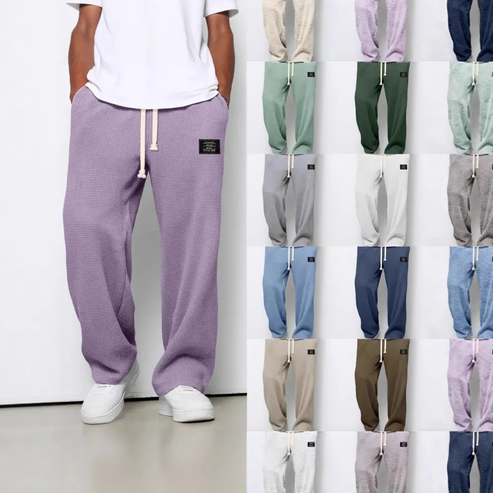 Waffle Straight Pants Fashion Brand Loose Drawstring Pockets Trousers