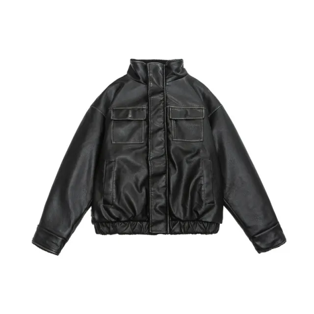 Winter PU Leather Coat Cotton padded Coat Stand Collar Coat Thickened Lamb Wool Black - Shop at LoveMi