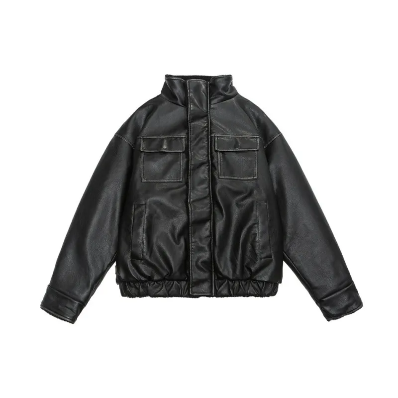 Winter PU Leather Coat Cotton-padded Coat Stand Collar Coat Thickened Lamb Wool - Black