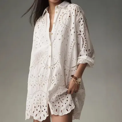 Casual Daily Solid Color Hollow Buckle Lapel Shirt White - Shop at LoveMi