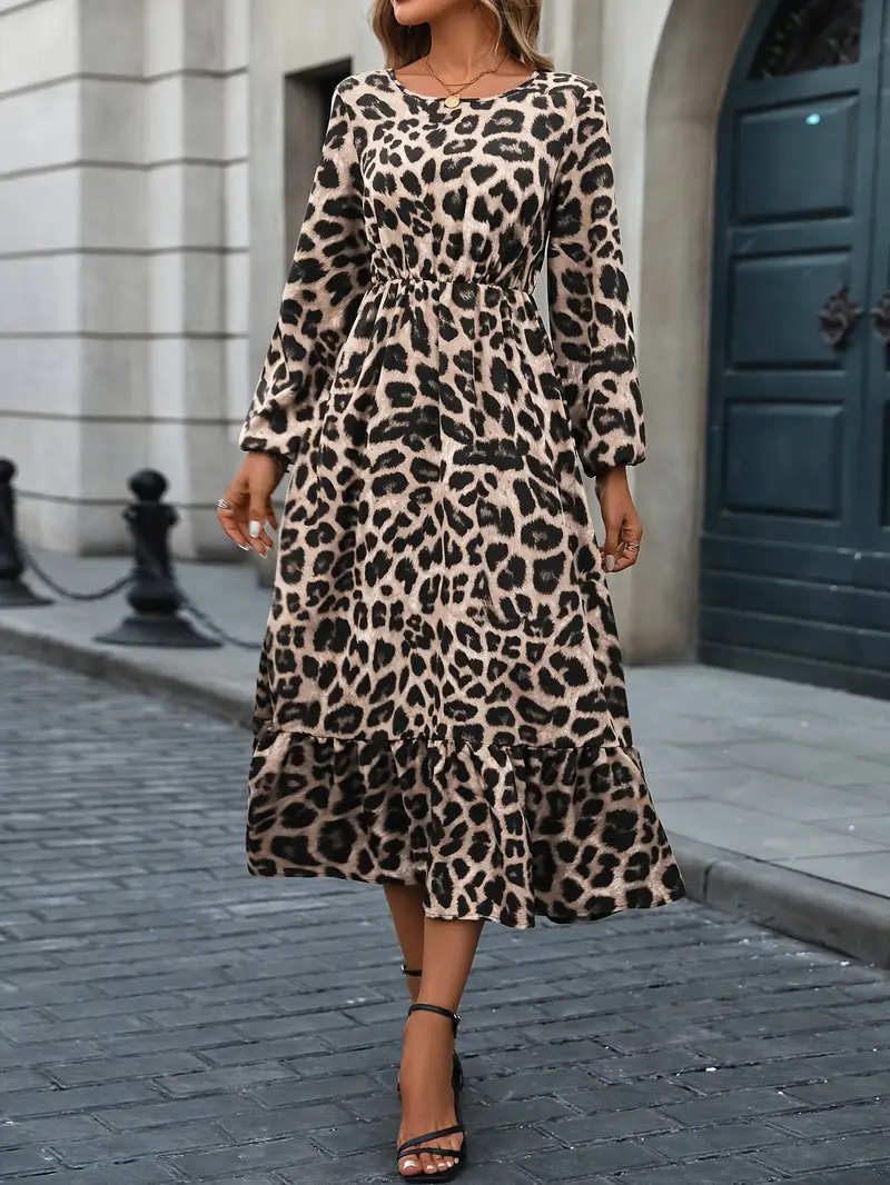 Elegant Leopard Print Lantern Sleeve Ruffled A line Midi Dress Camel Khaki - Shop at LoveMi