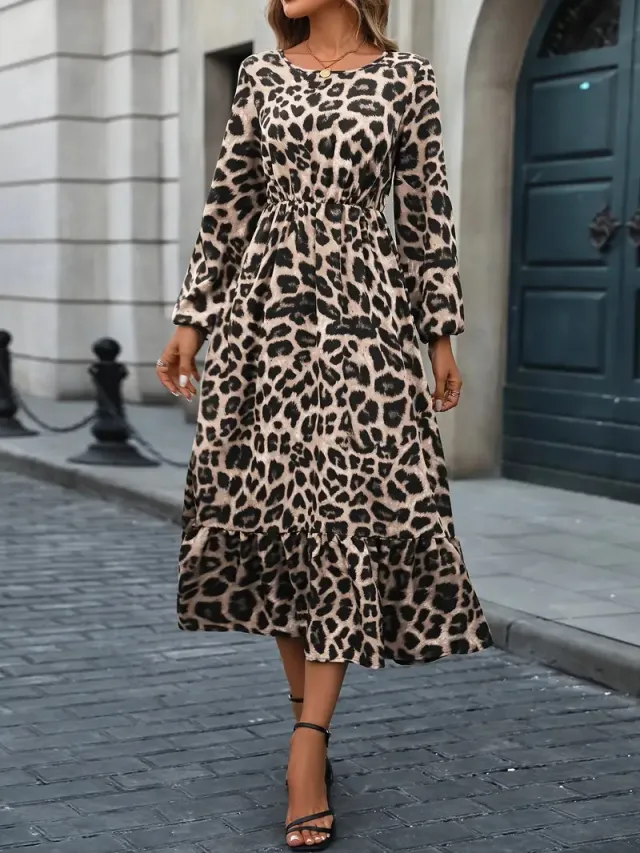 Elegant Leopard Print Lantern Sleeve Ruffled A line Midi Dress Camel - Shop at LoveMi