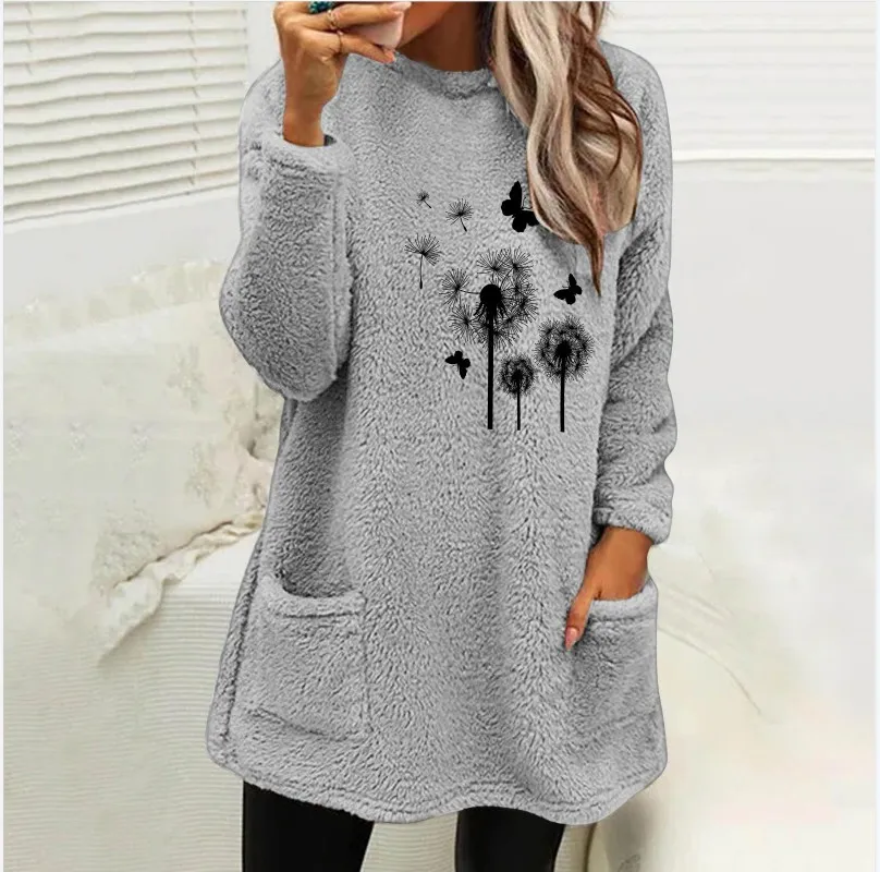 European And American Women's Round Neck Pullover Long Sleeve Pocket Embossed Double-sided Velvet Sweatshirt - Gray