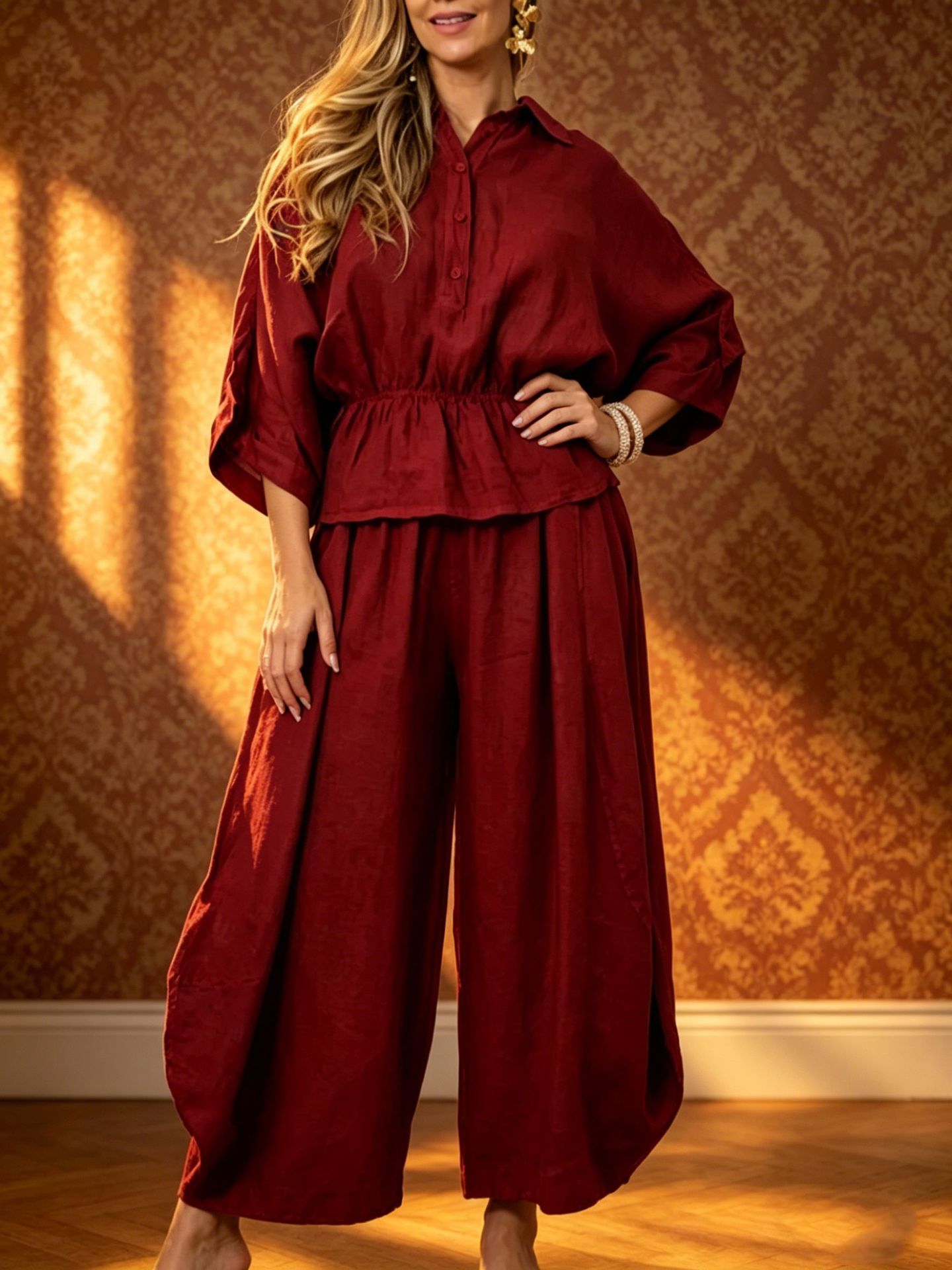 Women's plus size set in wine red – back view