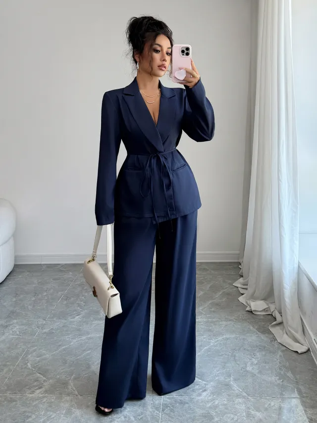 Coat Straight leg Pants Two piece Suit Women's Clothing Navy Blue - Shop at LoveMi