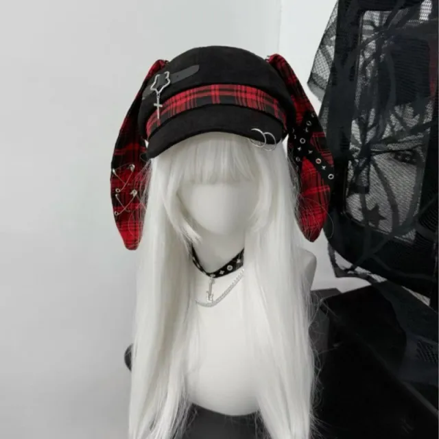 Original Punk Beret With A Subcultural Fashionable Checkered Rabbit ear Design Black - Shop at LoveMi