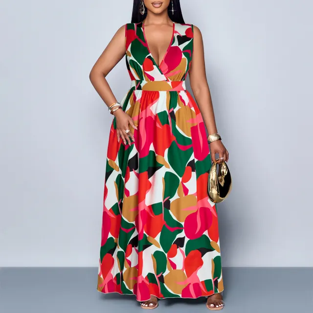V neck Printed Plus Size Loose Sleeveless Dress Women Red - Shop at LoveMi