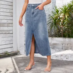 Washed Elastic Waist Split Denim Midi Dress - Light Blue - View 1
