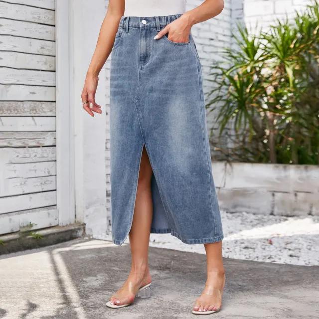 Washed Elastic Waist Split Denim Midi Dress Light Blue - Shop at LoveMi