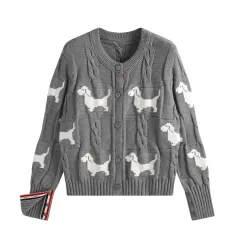 Design Dog Jacquard Twist Lazy Round Neck Knitted Cardigan - Grey - View 1