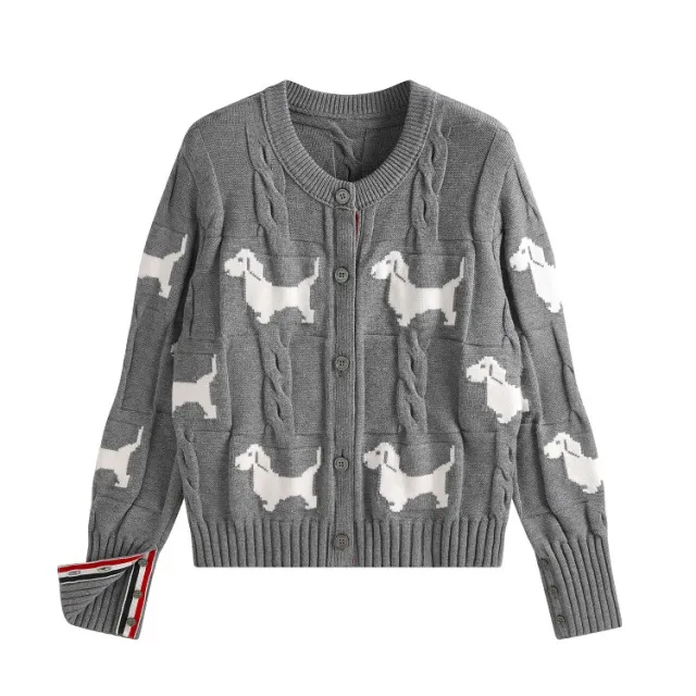 Design Dog Jacquard Twist Lazy Round Neck Knitted Cardigan Gray - Shop at LoveMi