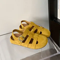 Retro Closed Toe Sandals Two-way Hollow-out Half Slippers - Yellow - View 1