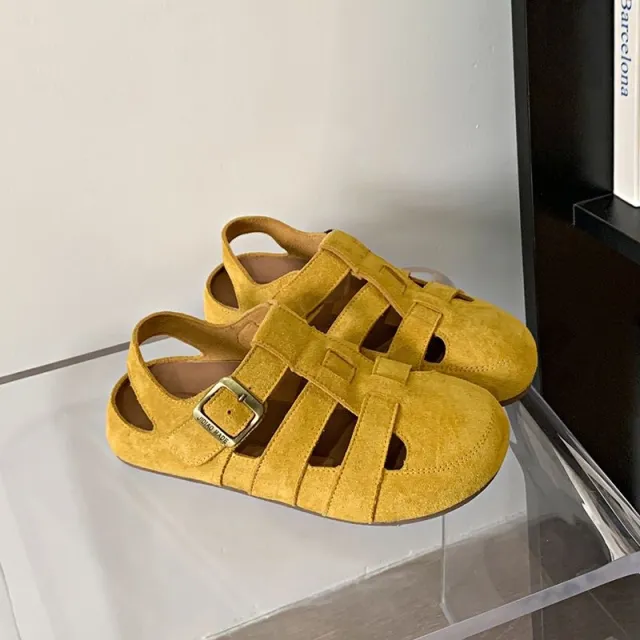 Retro Closed Toe Sandals Two way Hollow out Half Slippers Yellow - Shop at LoveMi