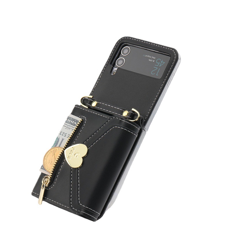 Folding Leather Case Metal Heart Large Capacity Zipper Phone Case