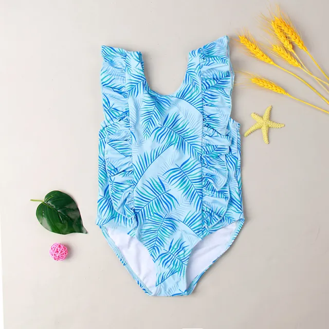 New Girls' One piece Ruffled Green Leaf Pattern Swimsuit Green - Shop at LoveMi
