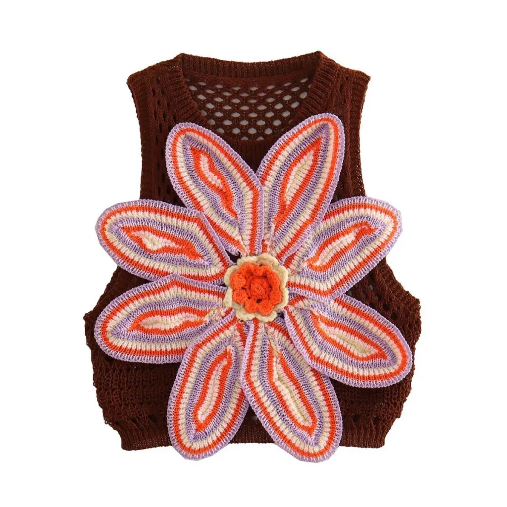Flower Decorative Knitted Short Top Hollow-out Suit - Vest