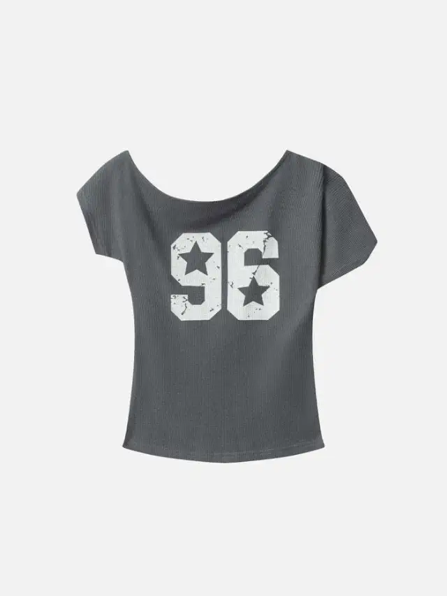 Casual Loose Sports Style Printed Slant Shoulder Pullover Short Sleeve Gray - Shop at LoveMi