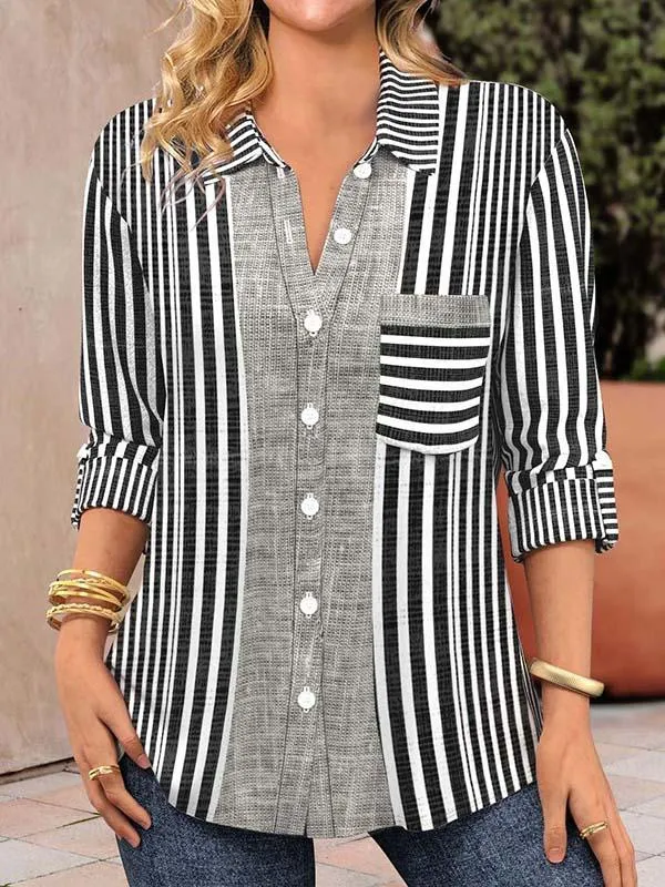 Casual Polo Collar Women's Plaid Simple Floral Print Mid length Sleeves Shirt 8 Black Line C324 - Shop at LoveMi