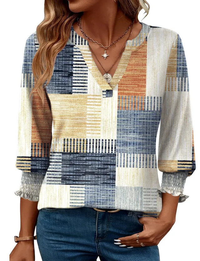 Fashion Tops Three quarter Sleeve Flower Print Casual Shirt Plaid M - Shop at LoveMi