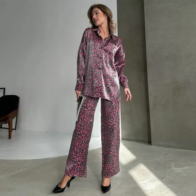 European And American Fashion Casual Set Women's Leopard Print Long Sleeve Trousers Rose - Shop at LoveMi