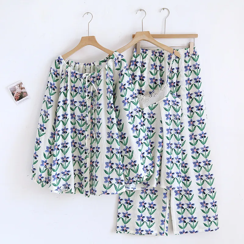Cotton Crepe Three-piece Pajamas Women's Long-sleeved Cardigan Strap Lace - Orchid-M