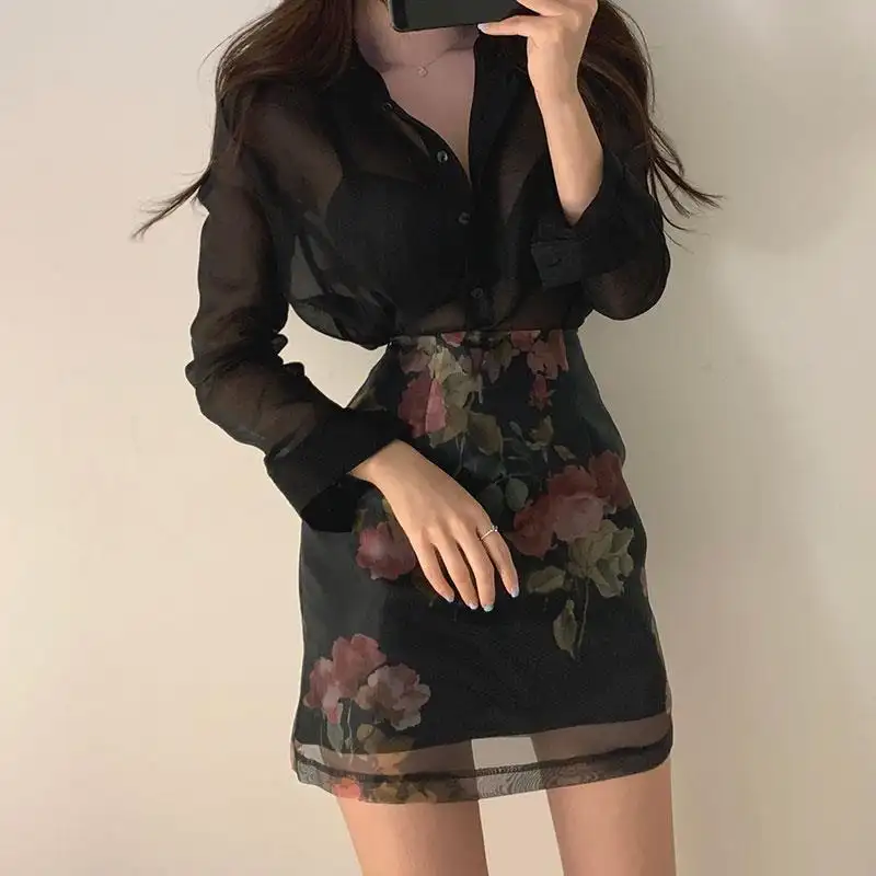 Sun Protection Shirt High Waist Color Printing Chiffon Skirt