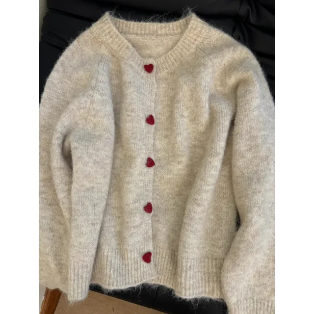 Gray With Heart Button Sweater Coat Women's Loose Oatmeal Color - Shop at LoveMi