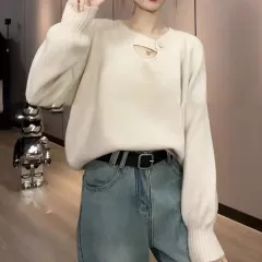 Women's Fashion Solid Colour Retro Knitted Sweater - Beige - View 1