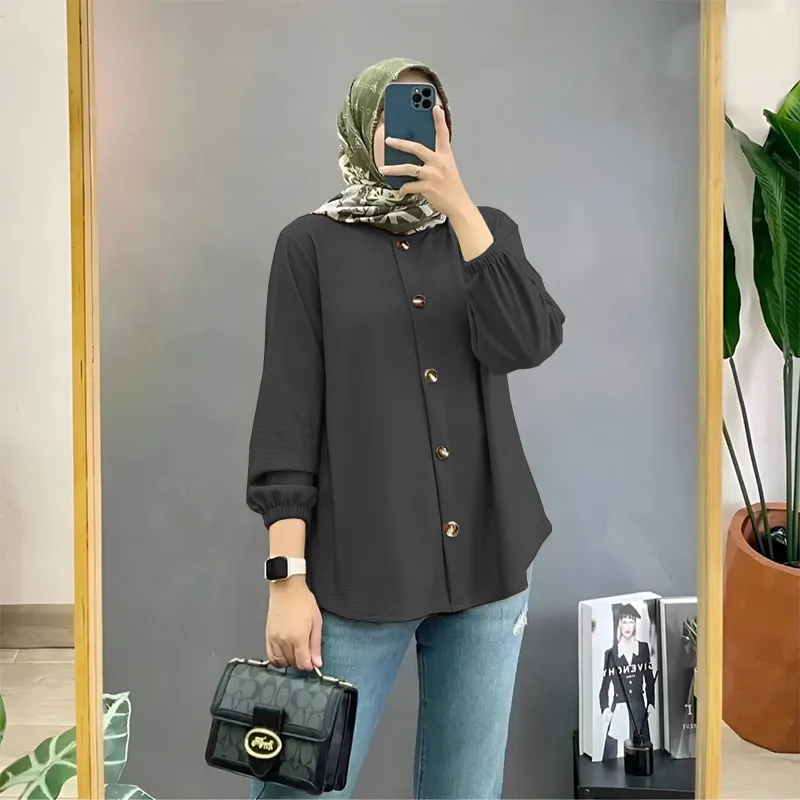 Muslim Ice Silk Wrinkle Stand-up Collar Literary Vintage Cardigan Loose Shirt Women - Black