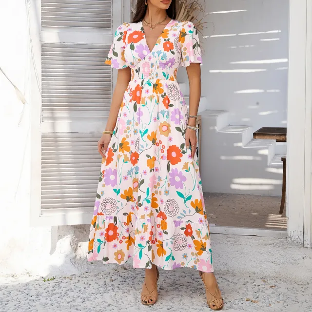 Casual Vacation Style Printed Contrast Color V neck Foundation Blue Yellow Flowers - Shop at LoveMi