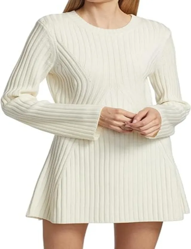 Women's Long sleeved Knitted Dress Solid Color Casual Wool Woolen Skirt White - Shop at LoveMi