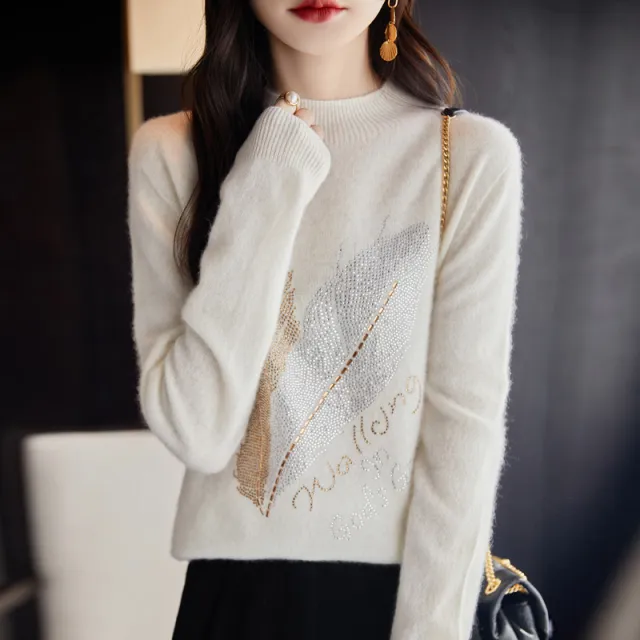 Half Turtleneck Rhinestone Sweater Pullover Inner Wear Sweater Pearl White - Shop at LoveMi