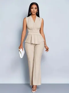 Elegant V-neck Top And Wide-leg Pants Two-piece Set For Women - White - View 1