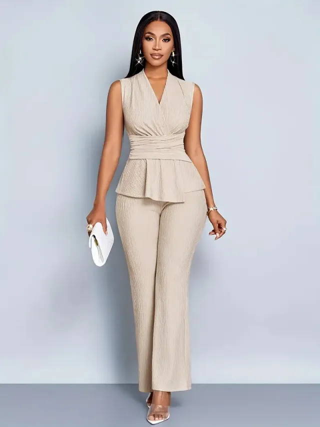 Elegant V neck Top And Wide leg Pants Two piece Set For Women White - Shop at LoveMi