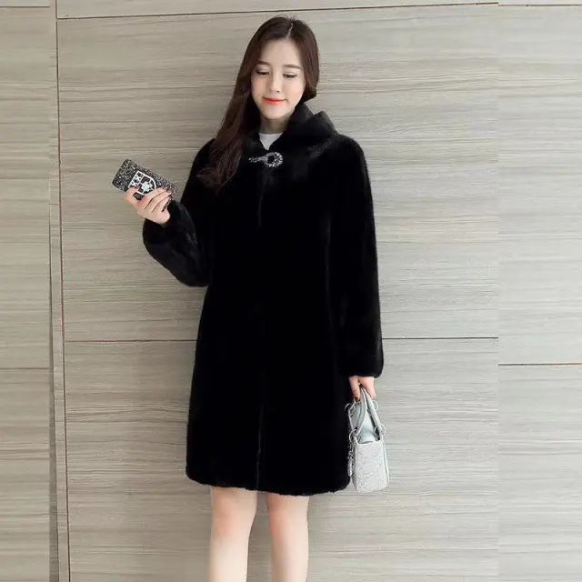 Imitated Mink Fur Coat Women's Mid length Fur Coat Black - Shop at LoveMi